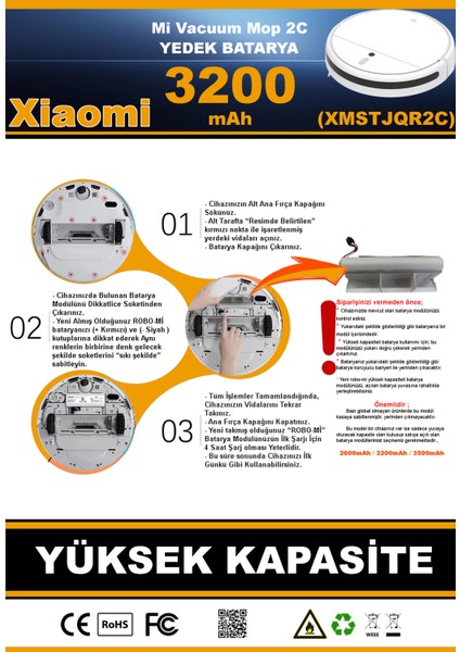 Xiaomi Mi Vacuum Mop 2C 3200mAh Robot Süpürge Bataryası - Gerçek Kapasite, Maksimum Güvenlik
