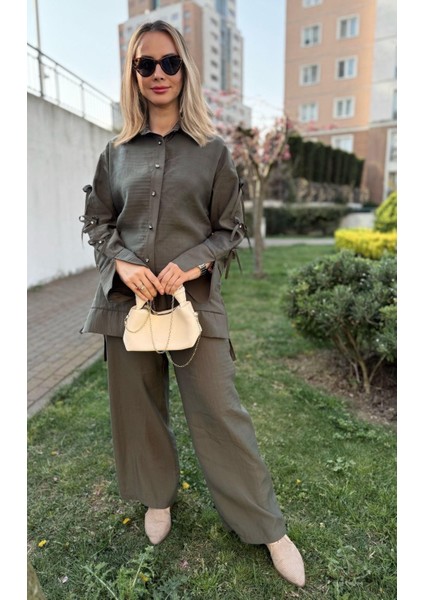 Modal Kumaş Kolları Fiyonk ve Taş Detaylı Ikili Takım Tesettür Uyumlu Tunik Gömlek ve Pantolon Ikili Takım