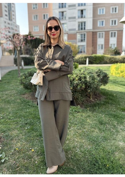 Modal Kumaş Kolları Fiyonk ve Taş Detaylı Ikili Takım Tesettür Uyumlu Tunik Gömlek ve Pantolon Ikili Takım fiyatları