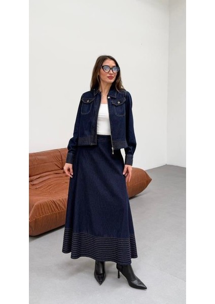 Premium Kalite Denim Kot Etek Ceket Takım Ikili Tasarım Jean Takım