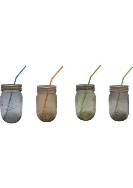 Pipetli Cam Kupa Bardak Pastel Renklı 4 Lu Set 8X8X10CM 420 ml