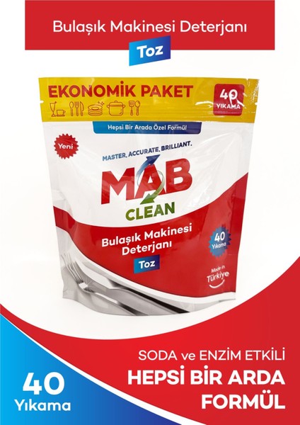 MABCLEAN Hepsi Bir Arada Toz Bulaşık Makinesi Deterjanı 40 Yıkama Ekonomik Paket 660gr