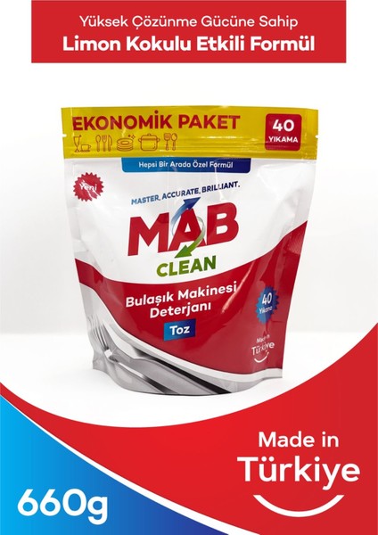 MABCLEAN Hepsi Bir Arada Toz Bulaşık Makinesi Deterjanı 40 Yıkama Ekonomik Paket 660gr