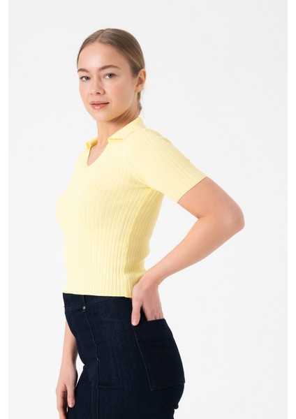 Polo Yaka Kadın Triko Bluz - Sarı modelleri