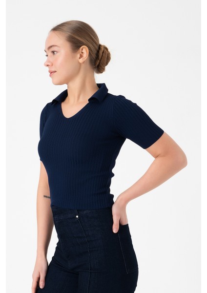 Polo Yaka Kadın Triko Bluz - Lacivert modelleri