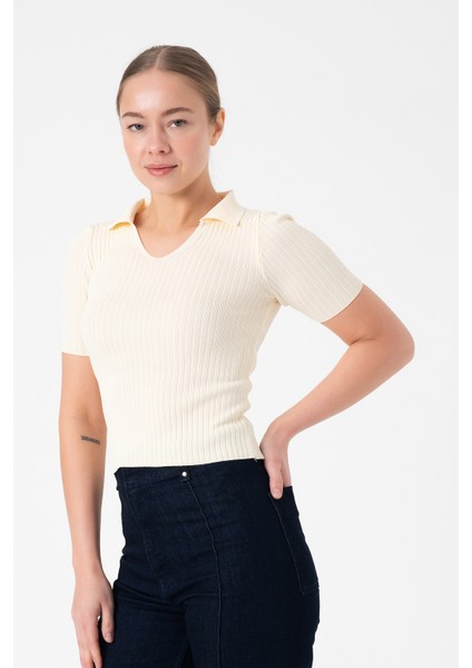 Polo Yaka Kadın Triko Bluz - Butter Yellow modelleri