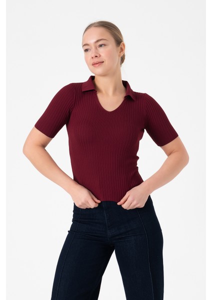 Polo Yaka Kadın Triko Bluz - Bordo