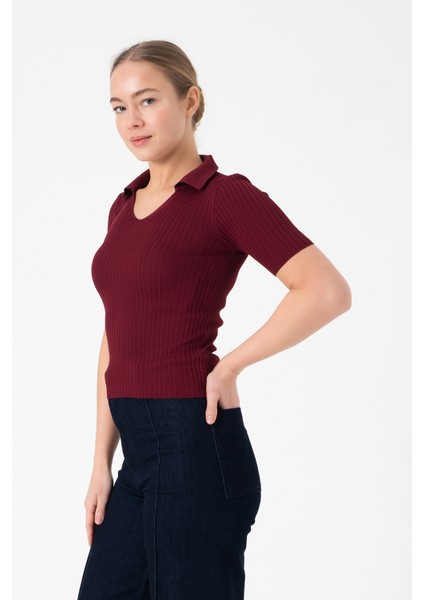 Polo Yaka Kadın Triko Bluz - Bordo modelleri