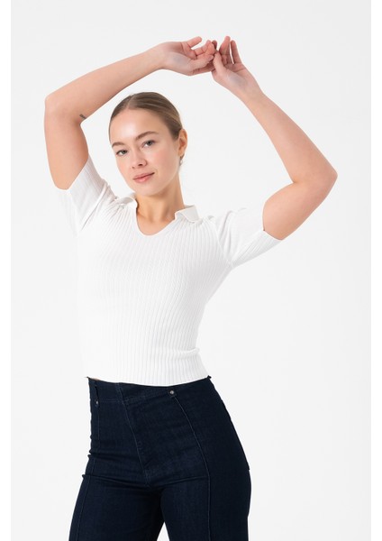 Polo Yaka Kadın Triko Bluz - Beyaz fiyatları