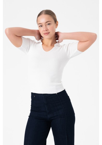 Polo Yaka Kadın Triko Bluz - Beyaz modelleri