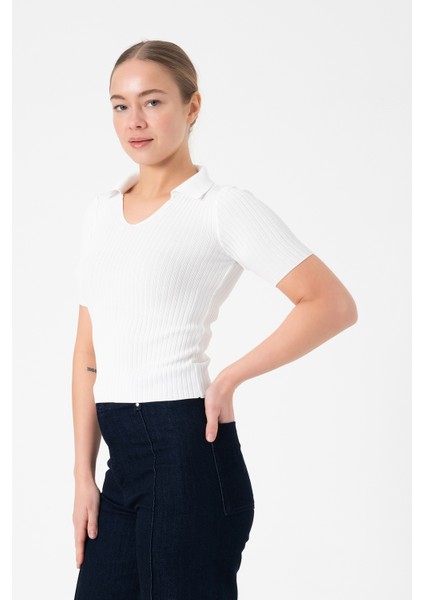 Polo Yaka Kadın Triko Bluz - Beyaz fırsatları