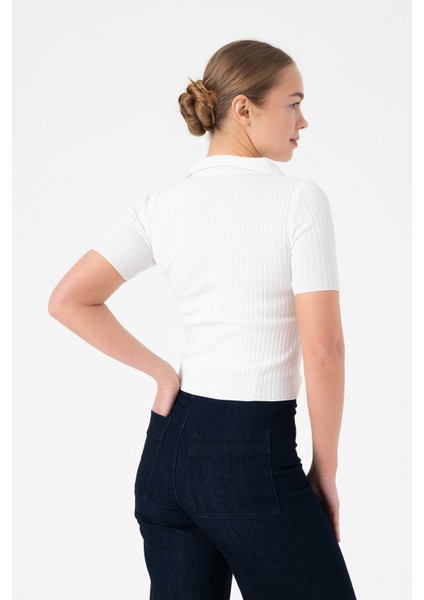 Polo Yaka Kadın Triko Bluz - Beyaz indirimleri
