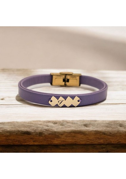 Kadınlara Özel 14 Ayar Altın Plakalı Hayat Döngüsü Figürlü Özgün Derili Harf Bilekliği-372Harf-MOR