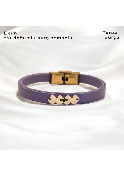 Hayat Döngüsü Motifli Özgün Derili Kadınlara Özel 14 Ayar Altın Plakalı Doğum Ay Bilekliği-372AY-MOR