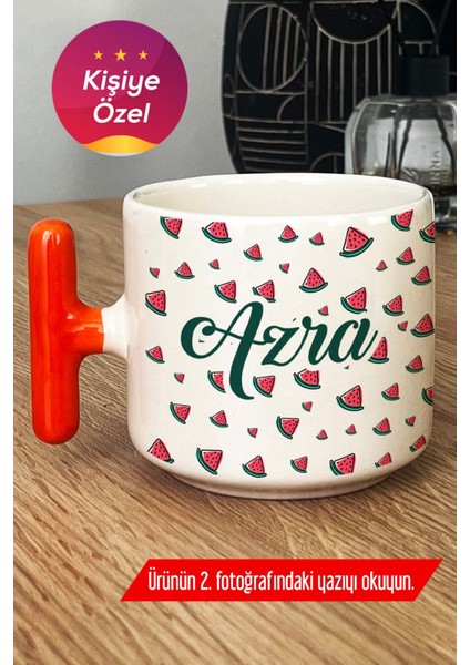 Kişiye Özel Karpuz Desenli Kupa Bardak T Kulplu Turuncu Isimli Isim Yazılı -3- F6D C7W