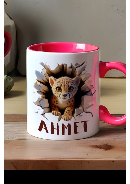 Kişiye Özel 3D Efektli Tatlı Çita Baskılı Kupa Bardak Pembe Isimli Isim Yazılı M6J C3R