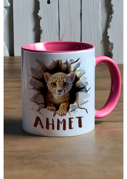 Kişiye Özel 3D Efektli Tatlı Çita Baskılı Kupa Bardak Pembe Isimli Isim Yazılı M6J C3R