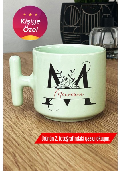 Kişiye Özel Ayçiçek M Harfli Pastel T Kulplu Kupa Bardak Yeşil Isme Özel Isimli Isim Yazılı N0A T6K