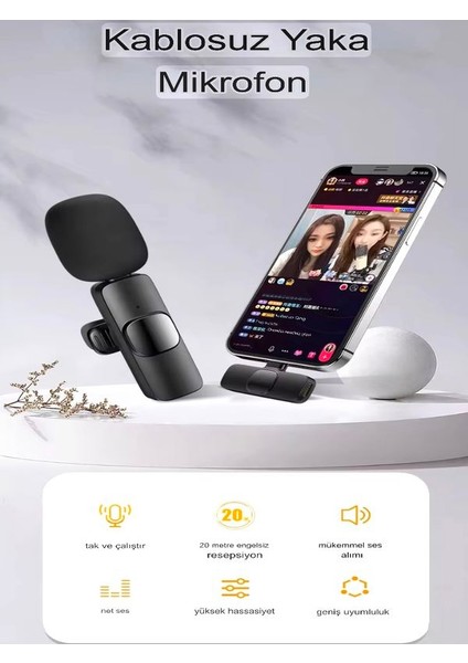 2in1 Type-C Android&İOS Uyumlu Kablosuz 2'li Yaka Mikrofonu Youtuber Tiktok Skype