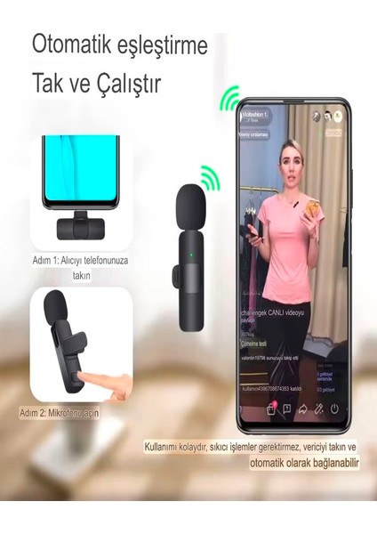 2in1 Type-C Android&İOS Uyumlu Kablosuz 2'li Yaka Mikrofonu Youtuber Tiktok Skype