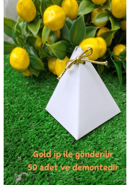 50 Adet Beyaz Piramit Lokum Kutusu - Gold Ipli - Şeker Kutusu - Çikolata Kutusu