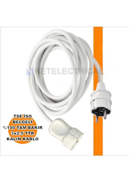 Tekli Seyyar Uzatma Kablosu - 15 Metre 3x2.5 Ttr Kalın Beyaz Kablo | Düz Erkek Fiş fiyatları