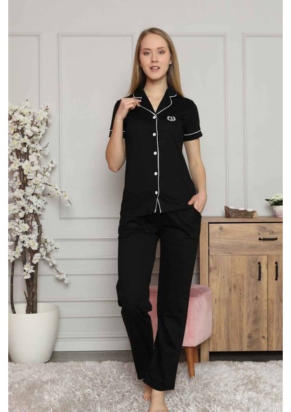 Kadın Gömlek Yaka Önden Düğmeli Beyaz Biyeli Kısa Kol Cepli Pijama Takımı