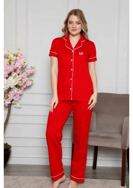 Kadın Gömlek Yaka Önden Düğmeli Beyaz Biyeli Kısa Kol Cepli Pijama Takımı