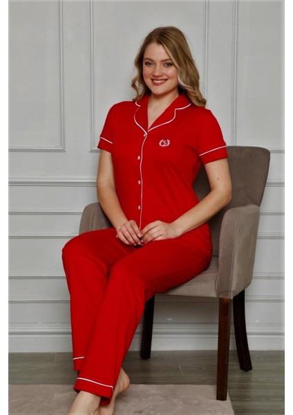 Kadın Gömlek Yaka Önden Düğmeli Beyaz Biyeli Kısa Kol Cepli Pijama Takımı fiyatları