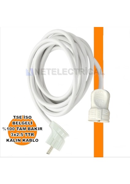 Tekli Seyyar Uzatma Kablosu - 5 Metre 3x2.5 Ttr Kalın Beyaz Kablo | Yan Erkek Fiş