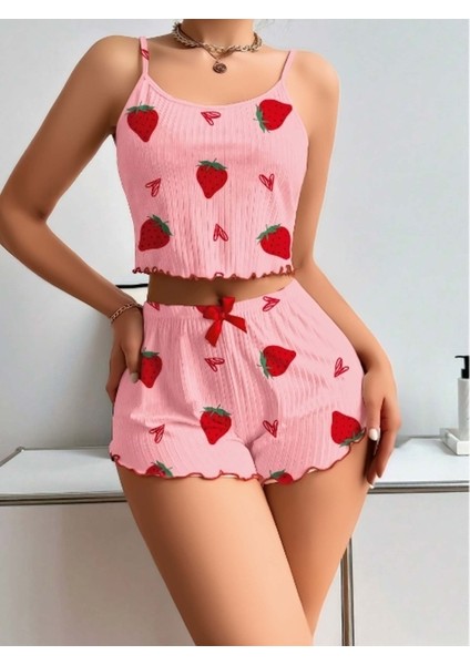 Pembe Çilekli Askılı Şortlu Crop Takım