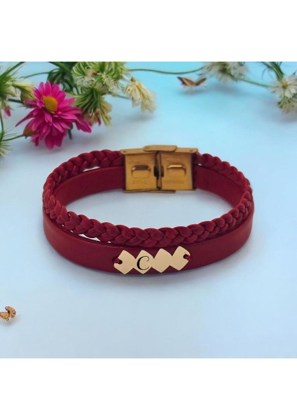 14 Ayar Altın Plakalı Kadınlara Yaşam Döngüsü Motifli Özgün Derili Harf Bilekliği-373Harf-KIRMIZI