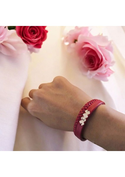 14 Ayar Altın Plakalı Kadınlara Yaşam Döngüsü Motifli Özgün Derili Harf Bilekliği-373Harf-KIRMIZI fiyatları