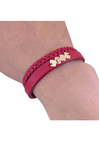 14 Ayar Altın Plakalı Kadınlara Yaşam Döngüsü Motifli Özgün Derili Harf Bilekliği-373Harf-KIRMIZI modelleri