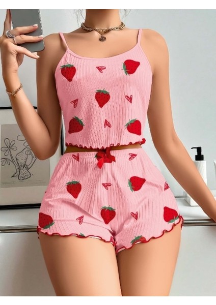 Pembe Çilekli Askılı Şortlu Crop Takım