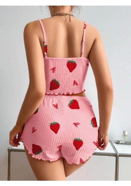 Pembe Çilekli Askılı Şortlu Crop Takım