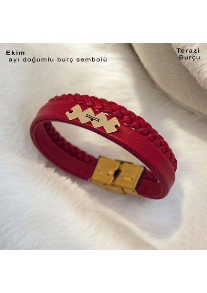 Yaşam Döngüsü Motifli Derili Kadınlara 14 Ayar Altın Plakalı Doğum Ay Bilekliği-373AY-KIRMIZI