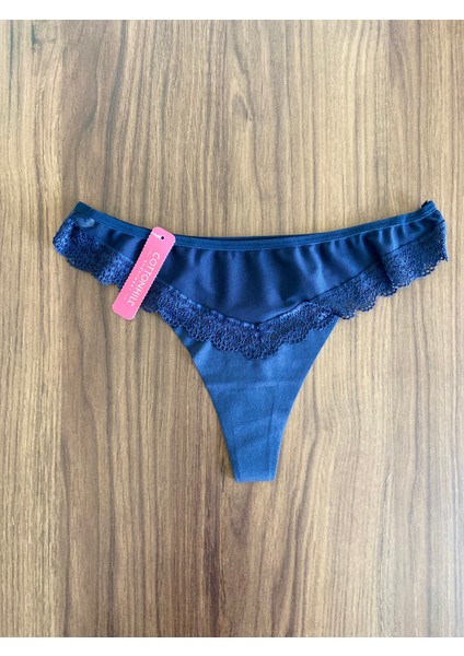 Lacivert Tül Dantel Detaylı Kadın Tanga Külot
