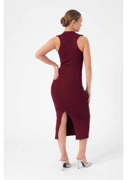 Polo Yaka Yırtmaçlı Bordo Yazlık Triko Elbise