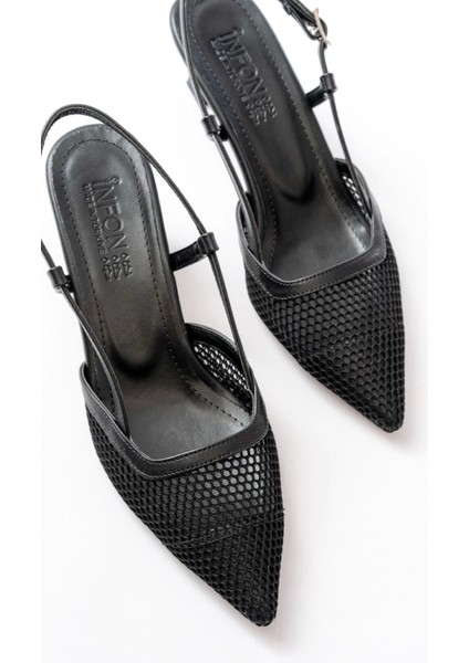 K-607 Siyah Günlük Fileli Arkası Açık 7 cm Topuklu Bayan Ayakkabı fırsatları