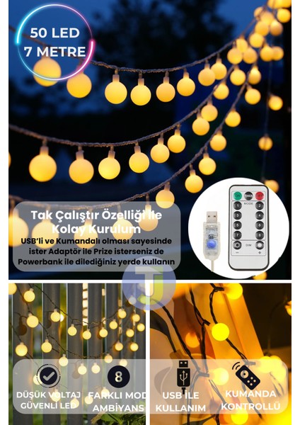 50 Top Ledli Usbli Kumandalı 8 Modlu LED Işık Parti Süsleme Organizasyon Sarı Işık Rengi