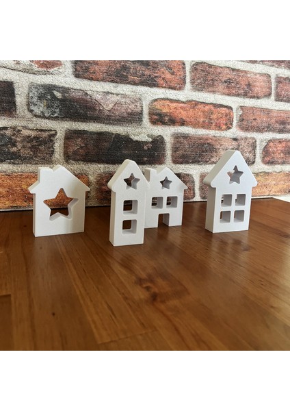 4'lü Modern 3D Baskılı Ev Şeklinde Dekor - Beyaz - Minimalist Ev Aksesuarları - Ev Taşınma Hediyesi