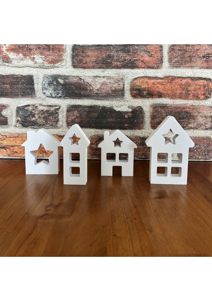 4'lü Modern 3D Baskılı Ev Şeklinde Dekor - Beyaz - Minimalist Ev Aksesuarları - Ev Taşınma Hediyesi