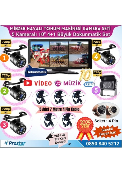 Mibzer Için 4+1 Büyük Kameralı 10.36 Inç Dokunmatik Monitör Beşe Bölen Kayıtlı 256 GB Sd Kart Destekli