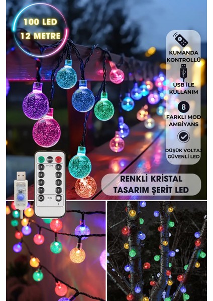 100 Ledli Usbli Kumandalı 8 Modlu Kristal Toplu LED Işık Parti Süsleme Organizasyon RGB Çok Renkli Işık