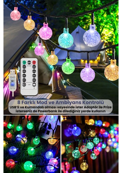 100 Ledli Usbli Kumandalı 8 Modlu Kristal Toplu LED Işık Parti Süsleme Organizasyon RGB Çok Renkli Işık