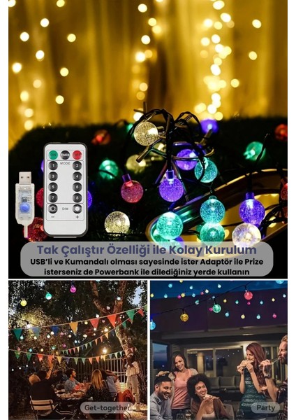 100 Ledli Usbli Kumandalı 8 Modlu Kristal Toplu LED Işık Parti Süsleme Organizasyon RGB Çok Renkli Işık