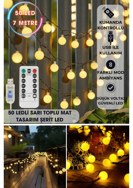 50 Ledli Usbli Kumandalı 8 Modlu 8 Metre Toplu Işık Parti Süsleme Organizasyon Sarı Işık