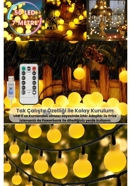 50 Ledli Usbli Kumandalı 8 Modlu 8 Metre Toplu Işık Parti Süsleme Organizasyon Sarı Işık