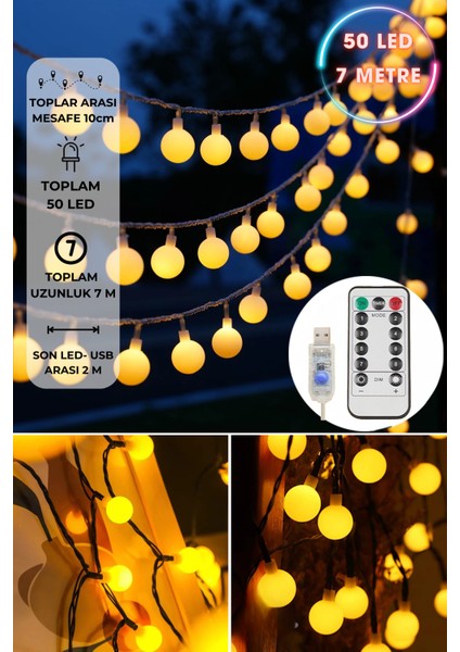 50 Ledli Usbli Kumandalı 8 Modlu 8 Metre Toplu Işık Parti Süsleme Organizasyon Sarı Işık
